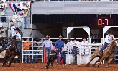 One year ago, Clay Smith, from Broken Bow, Oklahoma, and Coleby Payne from Stephenville, Texas, left the Fort Worth Stock Show & Rodeo’s ProRodeo Tournament as the team roping champions. During this year’s rodeo, the duo finished third in their bracket to advance to the Wild Card Round on Wednesday night. Their chance to repeat as champions will continue since they had the fastest time at 3.8 seconds. They will be roping in the Semi-Finals hoping for more success in Dickies Arena. FWSSR photo by James Phifer.