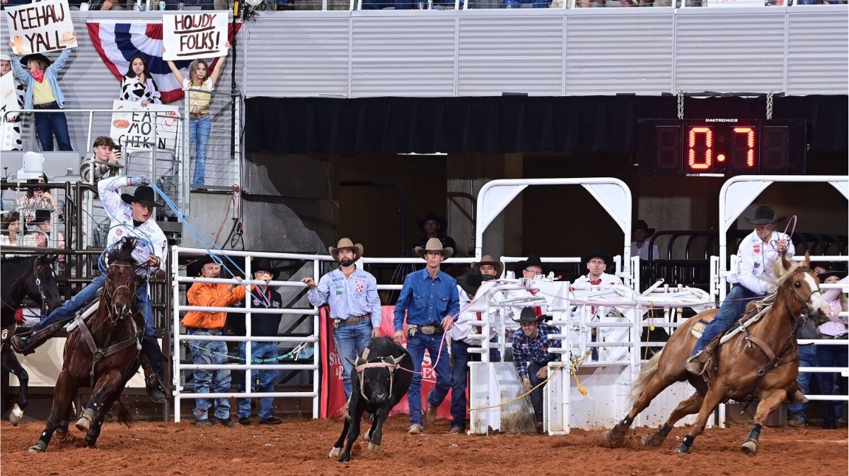 One year ago, Clay Smith, from Broken Bow, Oklahoma, and Coleby Payne from Stephenville, Texas, left the Fort Worth Stock Show & Rodeo’s ProRodeo Tournament as the team roping champions. During this year’s rodeo, the duo finished third in their bracket to advance to the Wild Card Round on Wednesday night. Their chance to repeat as champions will continue since they had the fastest time at 3.8 seconds. They will be roping in the Semi-Finals hoping for more success in Dickies Arena. FWSSR photo by James Phifer.