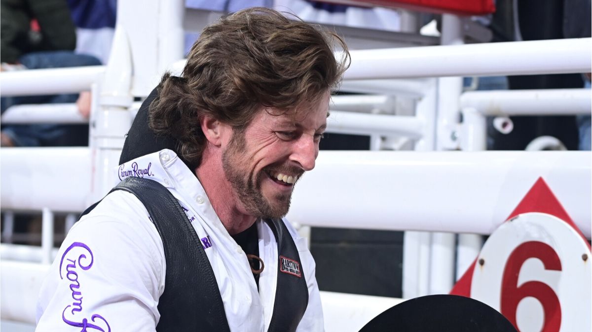 Texan Tilden Hooper was all smiles after his 90-point effort on Smith Pro Rodeo's horse named Risky Business Friday night at the Fort Worth Stock Show & Rodeo. Hooper won the championship here in 2020 and is aiming for another. FWSSR photo by James Phifer