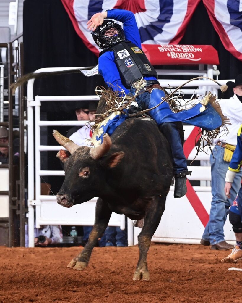 Bull rider Tristan Mize is hoping that 2025 will be his year and with the success he is having so far at the Fort Worth Stock Show & Rodeo ProRodeo Tournament, it is looking really good. Mize, from College Station, scored 88 points on Rafter G Rodeo’s Sea of Sorrow to tie for first place in round 2 of Bracket 7. FWSSR photo by James Phifer.