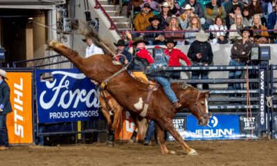 Wacey Schalla is advancing to the Semi-Finals at the National Western Stock Show Rodeo in two events after his success in Bracket 7. The Arapaho, Oklahoma resident finished at the top of the leaderboard in bareback riding with an 82-point ride on Legend Rodeo Stock’s Illegal Smile on Thursday night. He has a total of 161.5 points in that event and was the only man in the bracket to last eight seconds in both rounds in the bull riding. NWSS photo by Ric Andersen