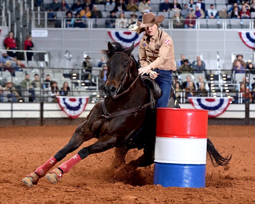 Wenda Johnson of Pawhuska, Oklahoma, won round two of Bracket 2 with a 16.27-second run. That was enough to advance her to the Wild Card round at the Fort Worth Stock Show & Rodeo’s ProRodeo Tournament on Wednesday, February 5. FWSSR photo by James Phifer