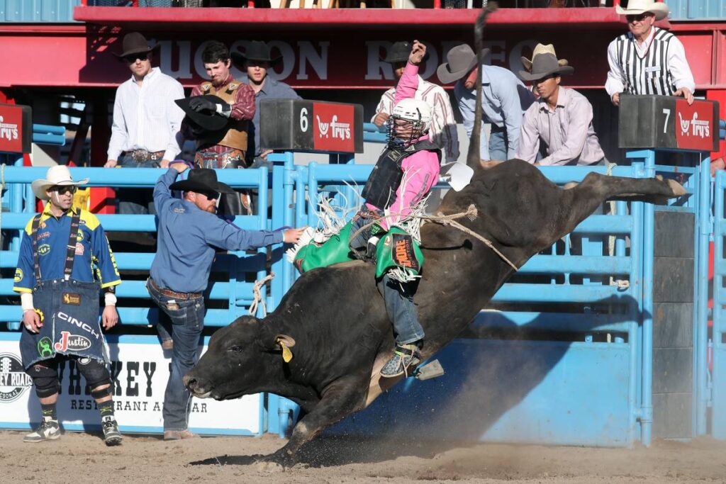 Bull rider Jordan Spears on DG's Comanchero, Tucson Rodeo 2025. Photo by Kent Soule.