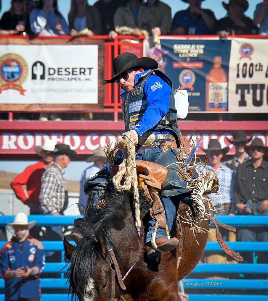 Saddle bronc Tucson Rodeo 2025. Photo by Gabe Lopez.