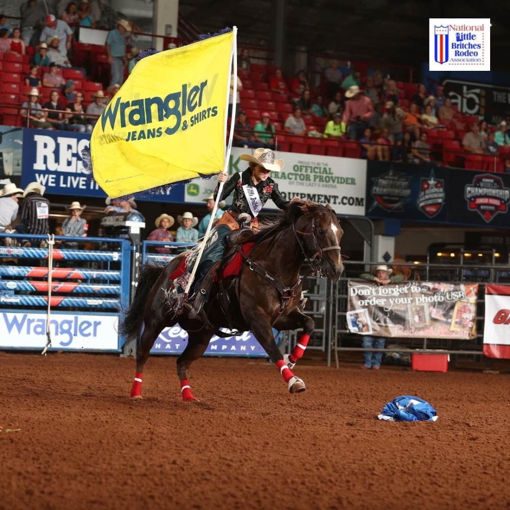 Rodeo royalty riding horse with a Wrangler flag