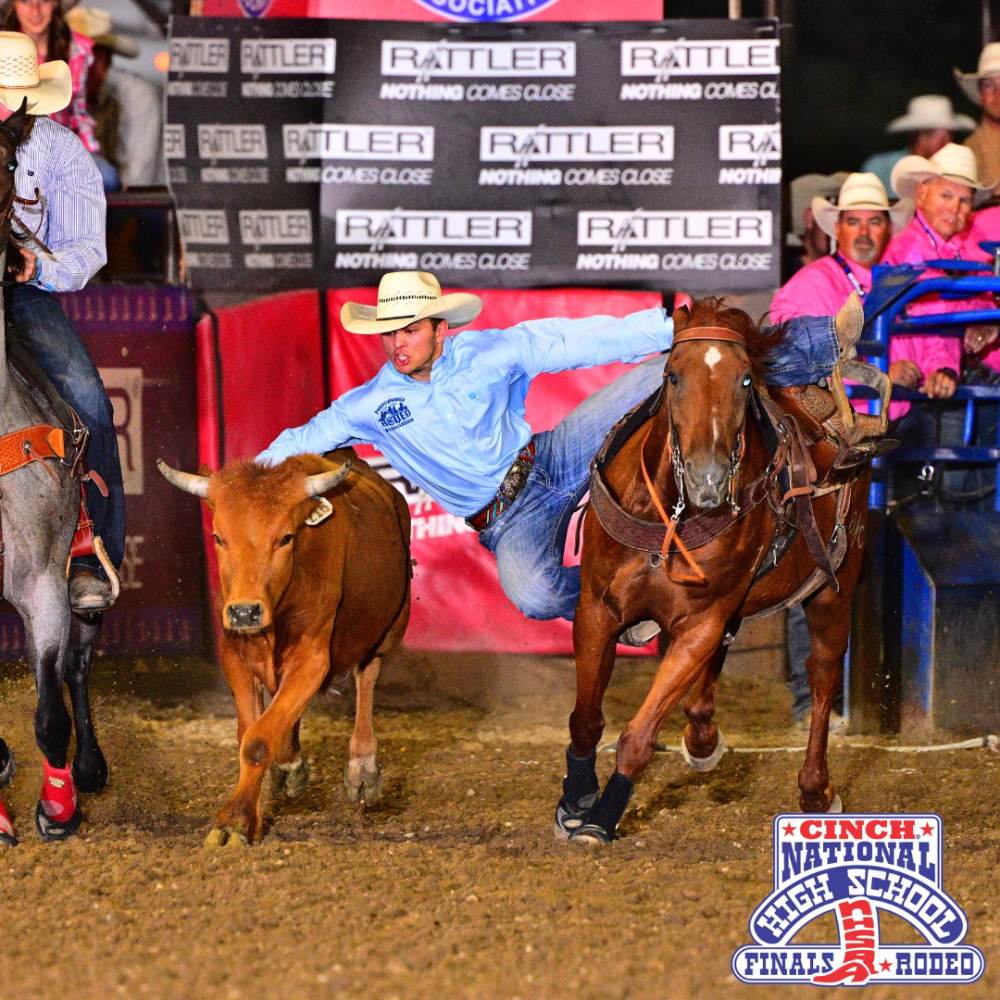 Steer Wrestler jumping off horse to capture steer at NHSFR
