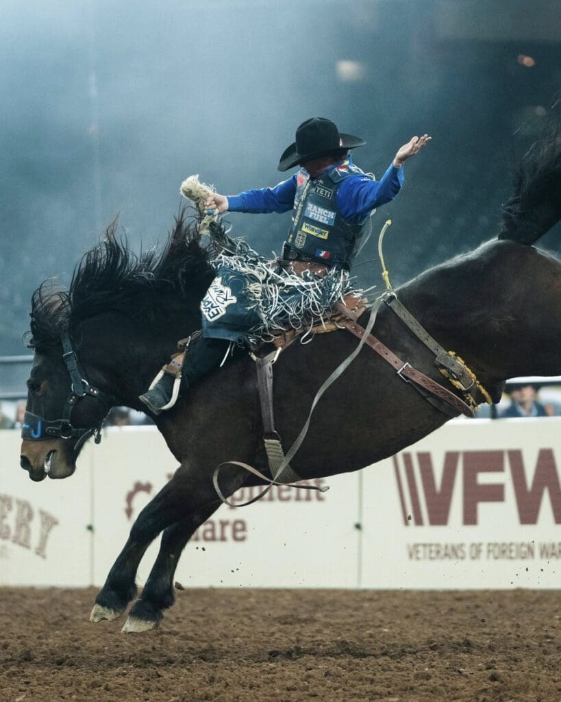 Bronc rider at Hondo Rodeo