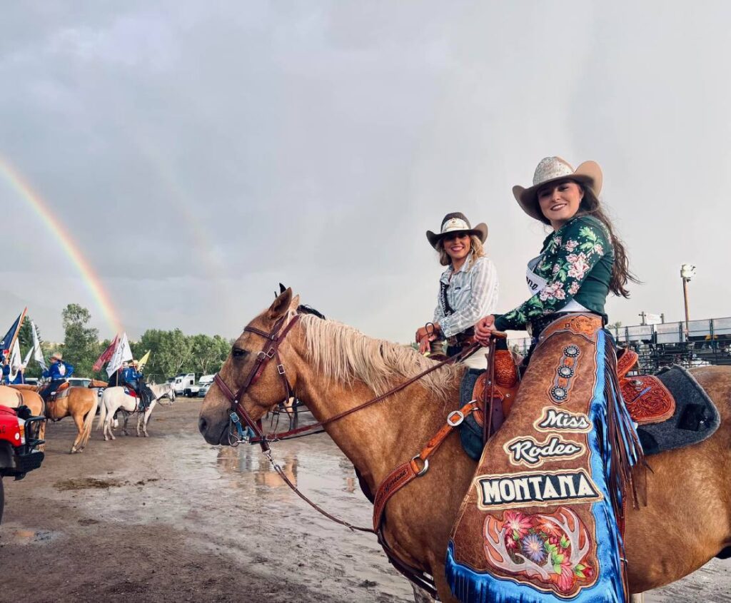 Rodeo Queens on Horseback w Beautiful Rainbow in Back Ground Livingston Rodeo