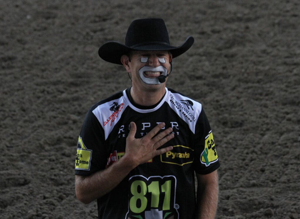 Pictured: Rodeo Clown, JJ Harrison - Photo Courtesy: Cowboy Lifestyle Network