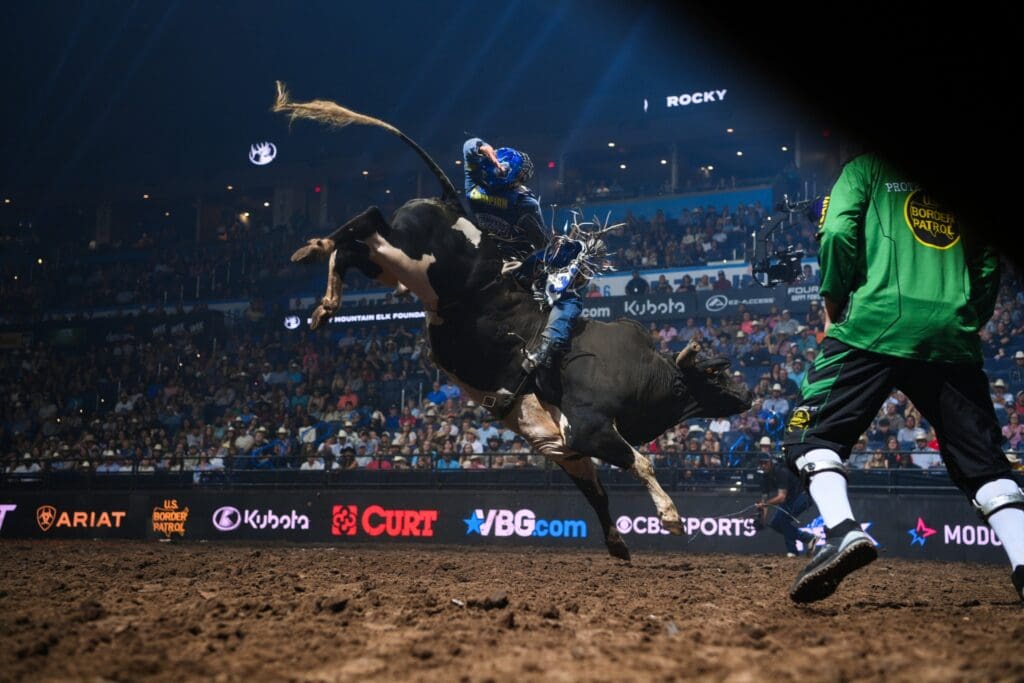 Austin Richardson rides Stoltzfus/ Bob & Jerry Adams/ BS Cattle Co’s Let’s Roll for 89.50 during the third perf of the 2025 PBR Teams event in Oklahoma City, OK