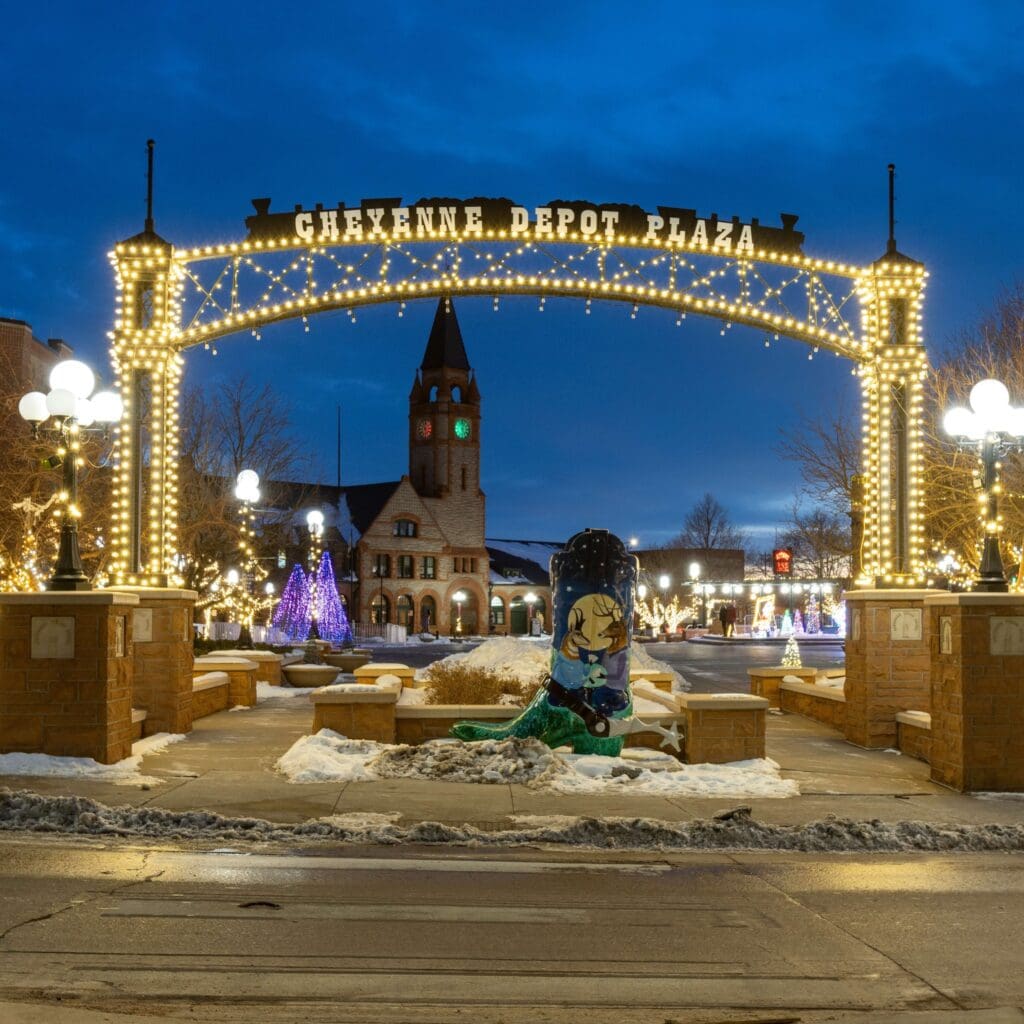 Cheyenne Depot Plaza with Christmas lights