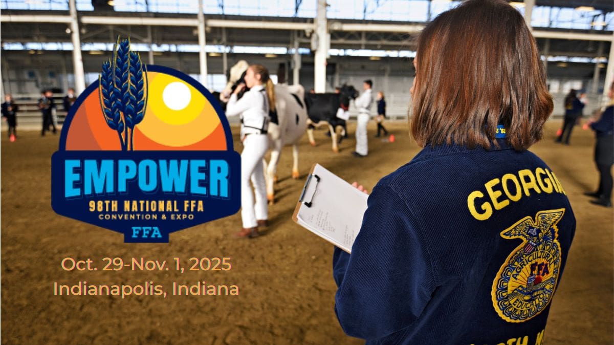 Iconic Blue FFA jacket worn by a livestock judge