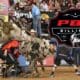 Bull fighters trying to distract a bull while the rider is on the ground at PBR