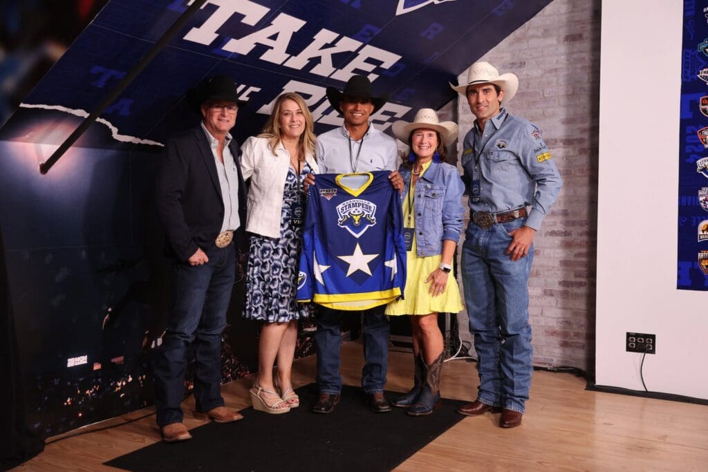 Lucas Martinas Costa, Silvano Alves, Stampede, Tina Battock, Flint Rasmussen, during the PBR Teams Draft in Nashville, TN. Photo by: Andy Watson / Bull Stock Media.