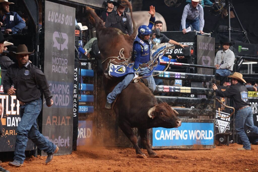 Daniel Feitosa rides 3B Cattle Co's American Made for 90.5 during the second day of the Fort Worth PBR Camping World Teams event. Photo By Andy Watson / Bull Stock Media.