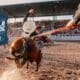 A behind the chutes view of a bucking bronc coming out of the chutes.