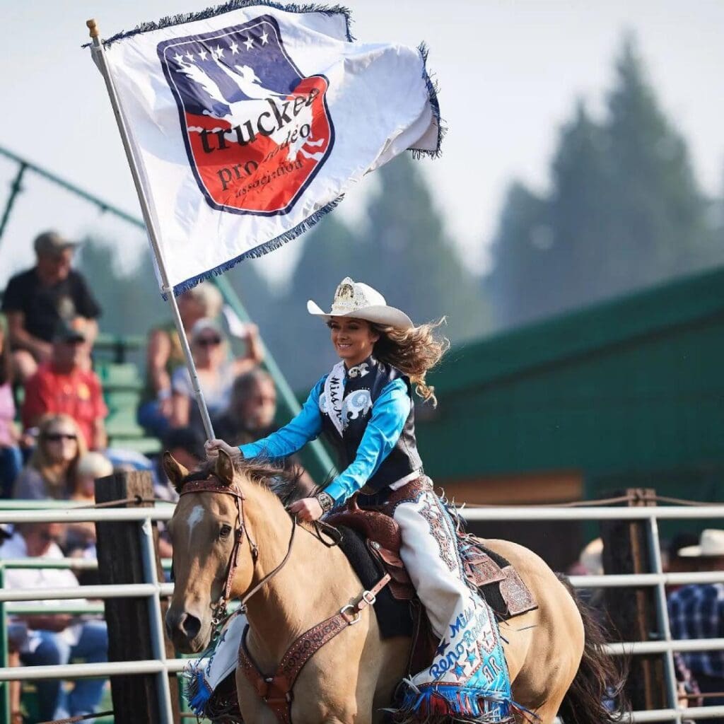 Truckee Pro Rodeo Flag presented on horseback by rodeo queen